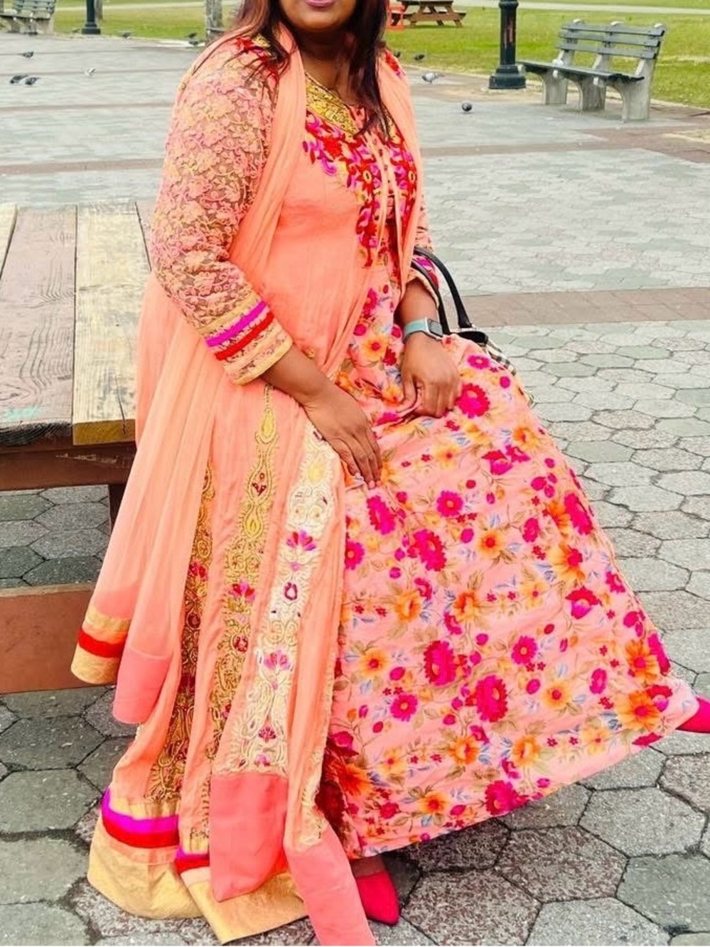 Ethnic Indian Wear Peach and Pink Floral Maxi Anarkali Dress